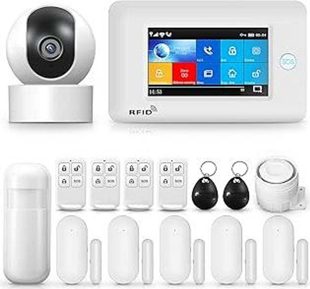 Hausalarmanlage, drahtloses 4G-WLAN-Alarmsystem mit 1080p-Überwachungskamera, 4,3-Zoll-Touchscreen-Einbruchalarmanlage, kompatibel mit Google Home