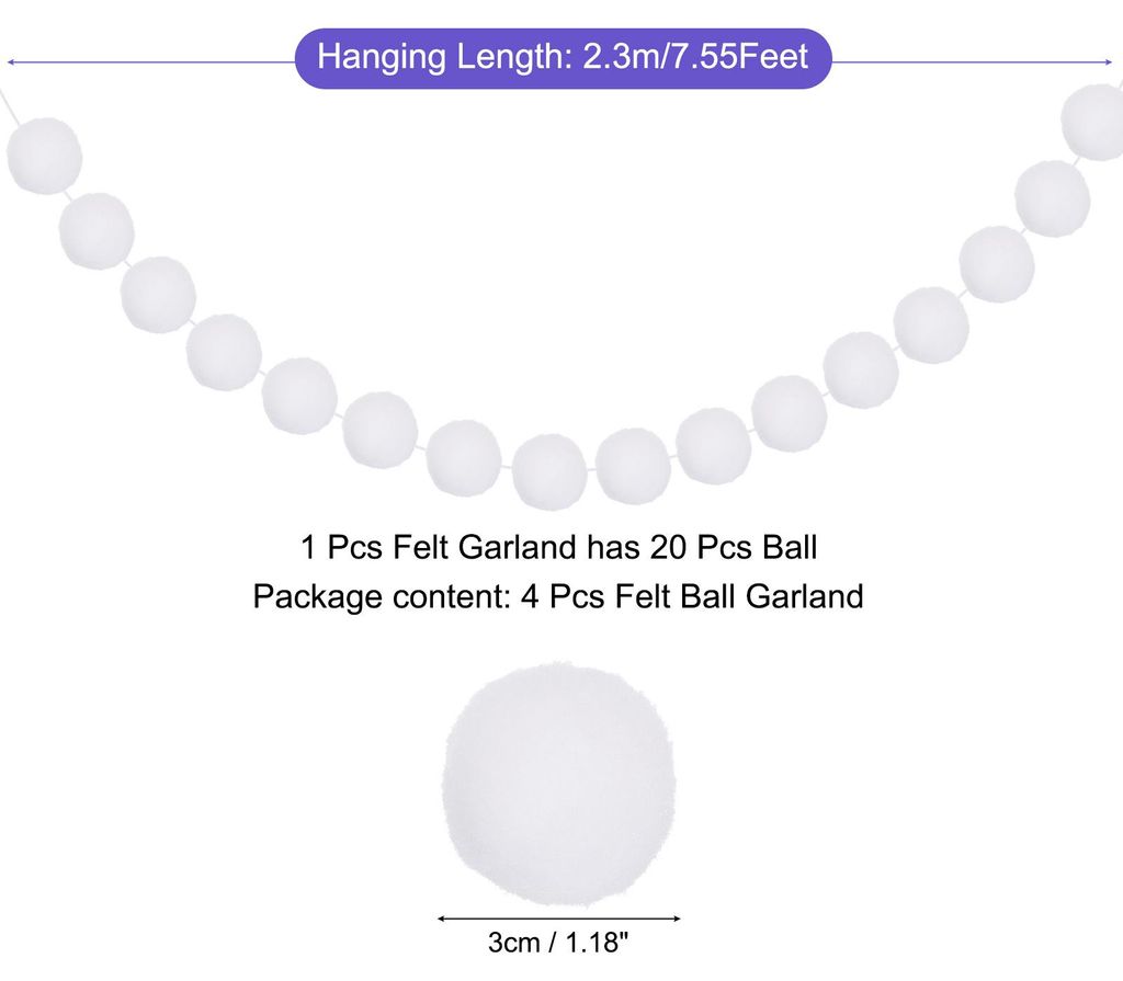 4Stk Filz Kugel Girlande Wei? Pom Pom Girlanden Handkugeln 7.55Ft Lang 20 Kugeln Party Banner Dekor fš¹r Weihnachten Geburtstag Party Dekoration