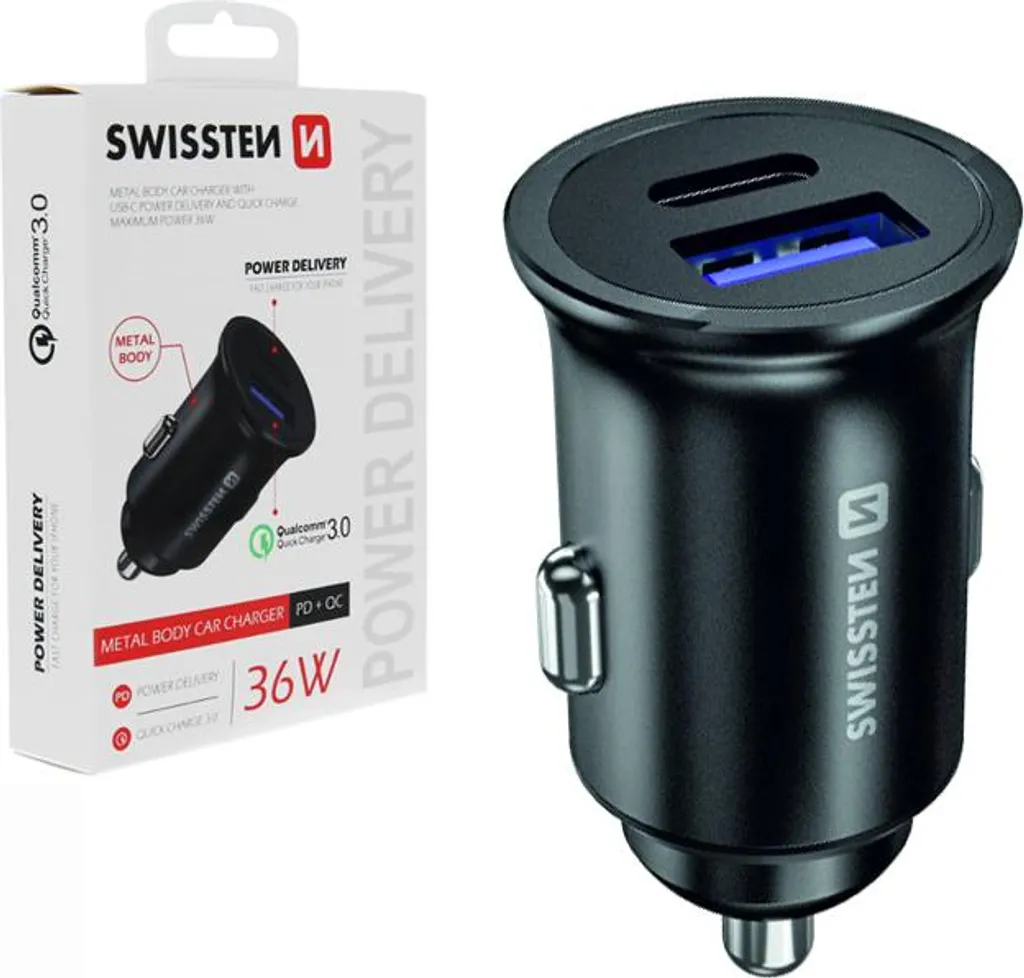 Caricabatterie Rapido Auto Swissten 36W USB-C PD Universale Nero