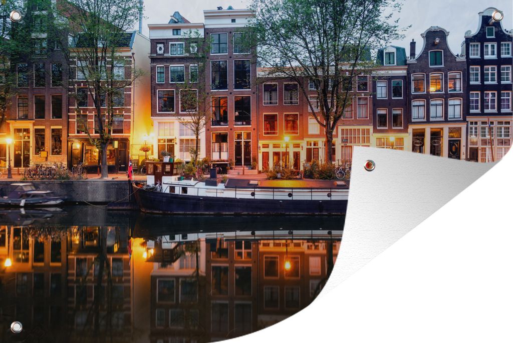 MuchoWow 90x60 cm Outdoor-Poster Gartendeko Sichtschutz Garten Poster für den Garten Grachtenhäuser in Amsterdam am Abend