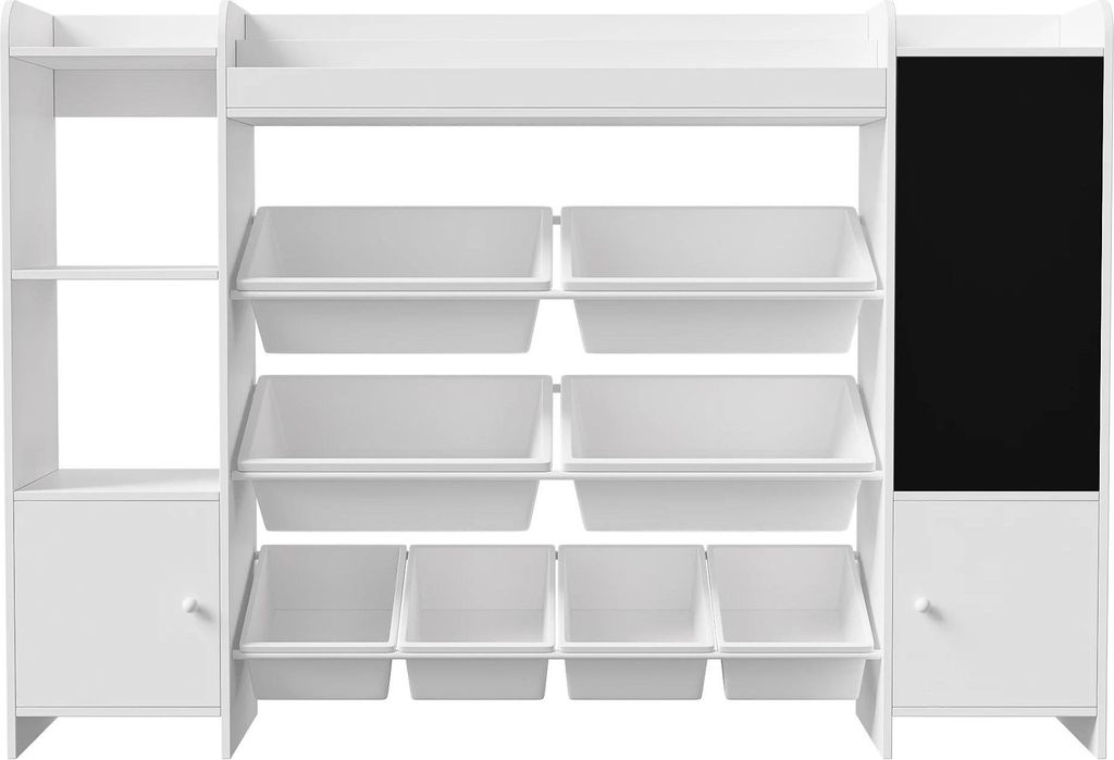 Kinder-Bücherregal - Buch- und Spielzeugregal - Offene Fächer - Aufbewahrungsboxen - Tafel - 137×30×94,5 cm - Weiß