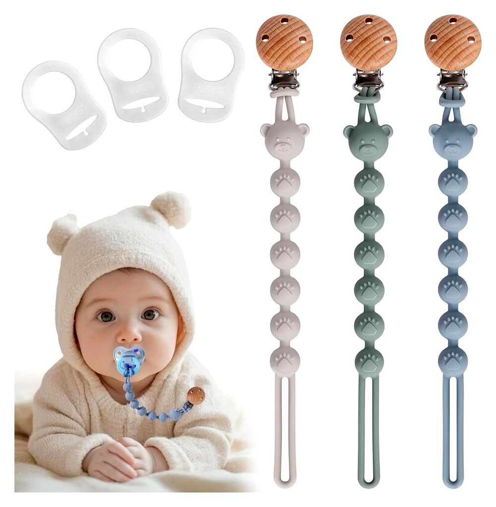 3er-Pack Schnullerketten aus Silikon, einteiliges Design für Babys, BPA-frei, elastisch und robust (Blau, Salbeigrün, Hellgrau)