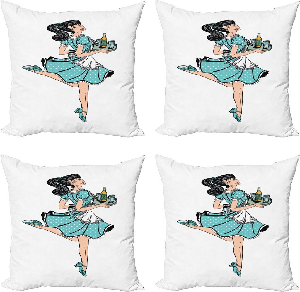 ABAKUHAUS Pin up Girl Kissenbezug Set (4 Stück), Pony-Schwanz-Kellnerin, Moderner Doppelseitiger Digitaldruck, 40 cm x 40 cm, Seafoam und Blasse P...