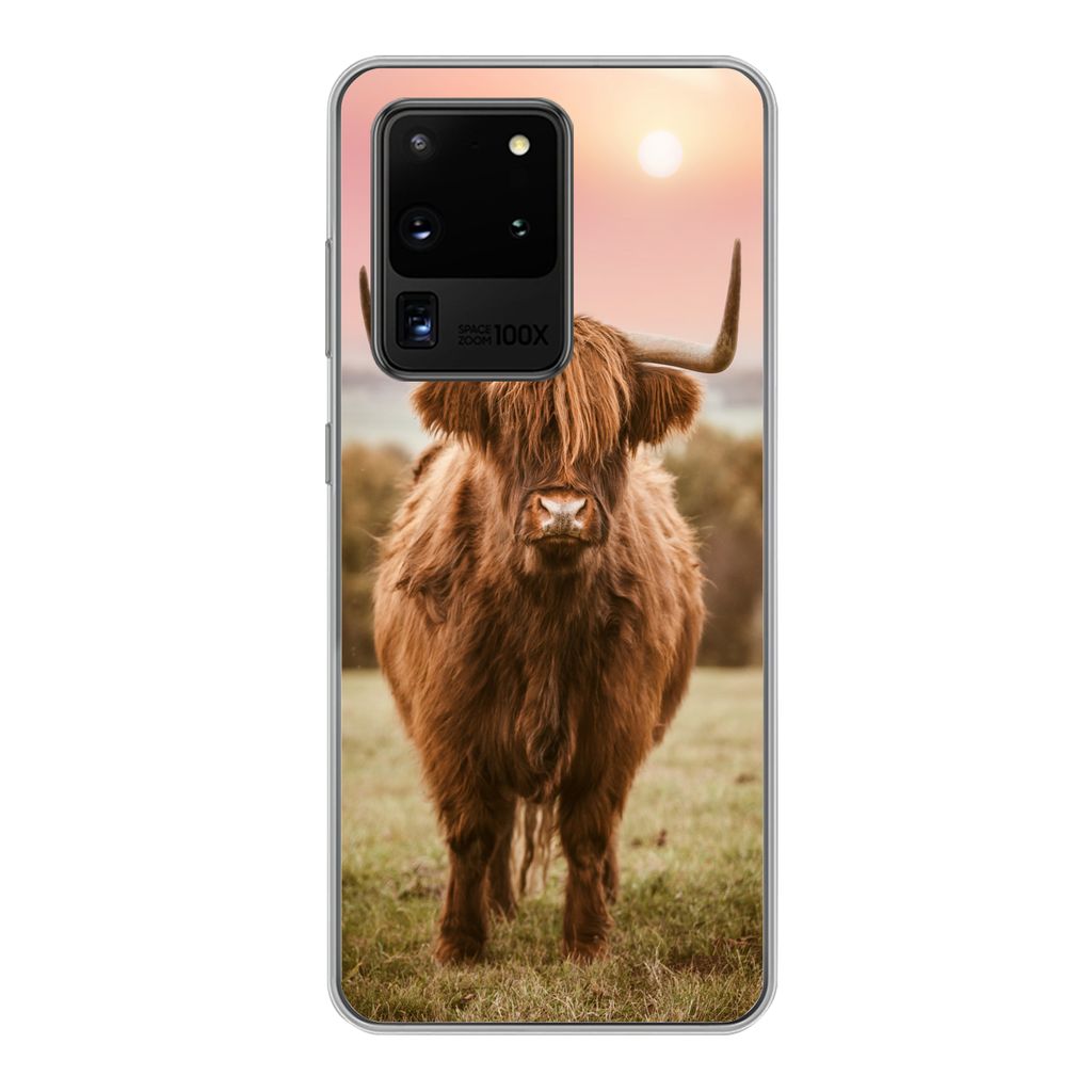 MuchoWow Handyhülle Schutzhülle Hülle für Samsung Galaxy S20 Ultra Schottischer Highlander - Sonne - Himmel Silikon Softcase Handy Hülle - K...