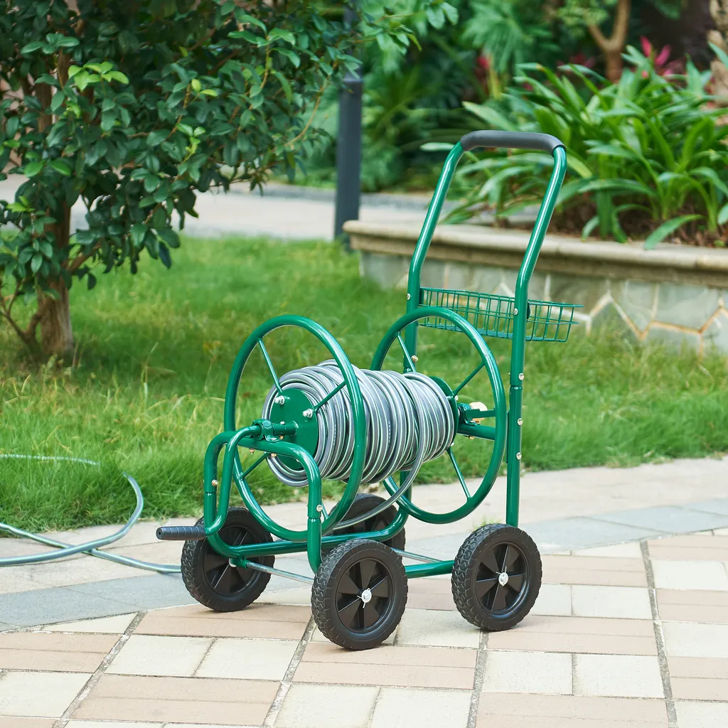 Dévidoir pour grand jardin Chariot Pescaza métal 70m tuyau 3/4 vert