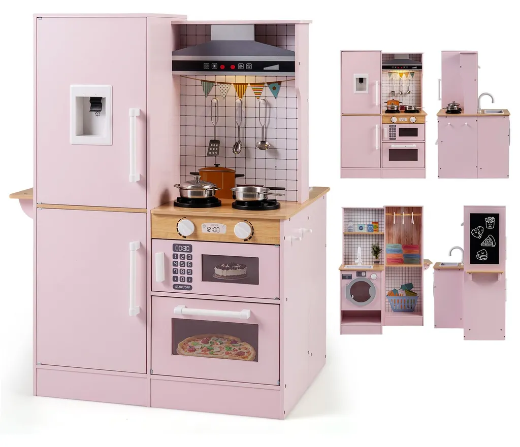 Cuisine Jouet en Bois Rose avec Accessoires et Effets Lumineux Sonores