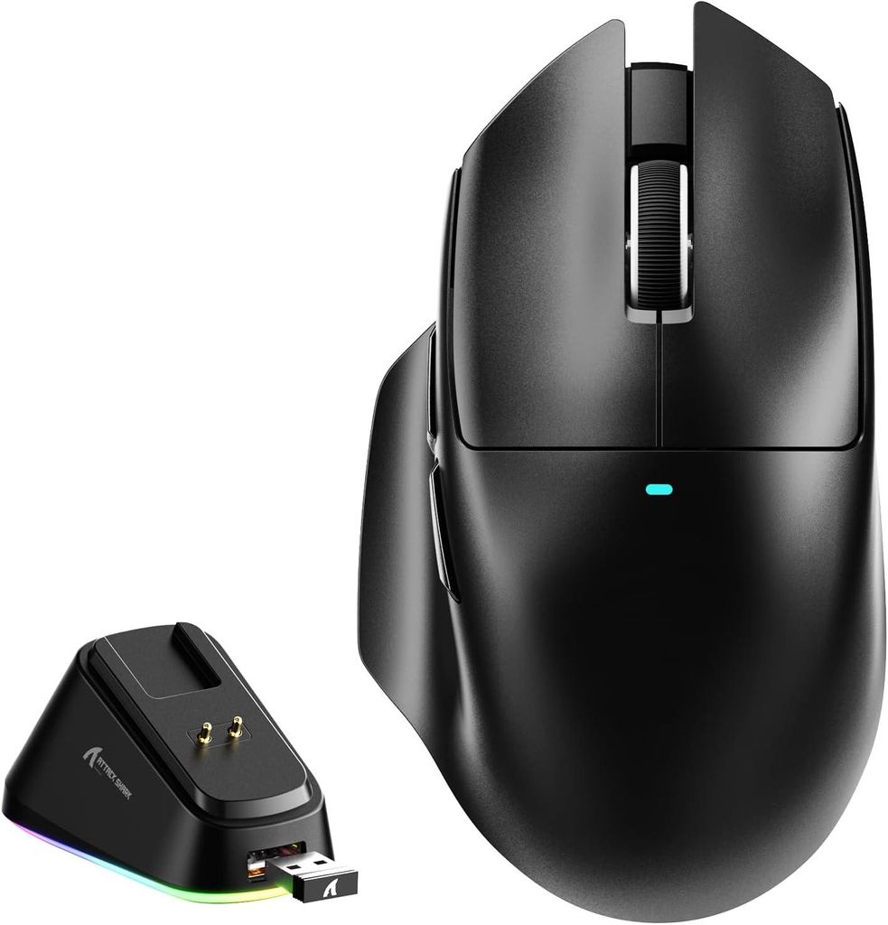 Gaming-Maus mit Magnet-Ladestation, 65 g Leichtgewicht, PAW3311 Sensor, 25.000 DPI, BT/2.4G/USB-C, 100 Mio. Klicks, 500mAh Akku für Rechtshänder