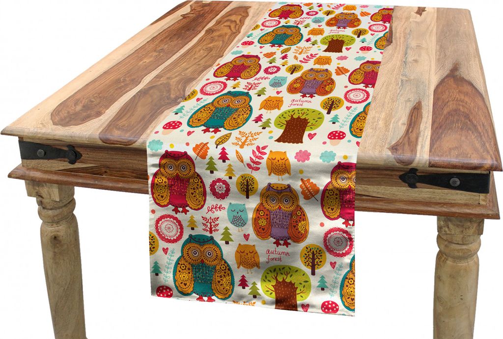 ABAKUHAUS Fallen Tischläufer, Bunte Eule Waldtiere, Esszimmer Küche Rechteckiger Dekorativer Tischläufer, 40 x 300 cm, Mehrfarbig