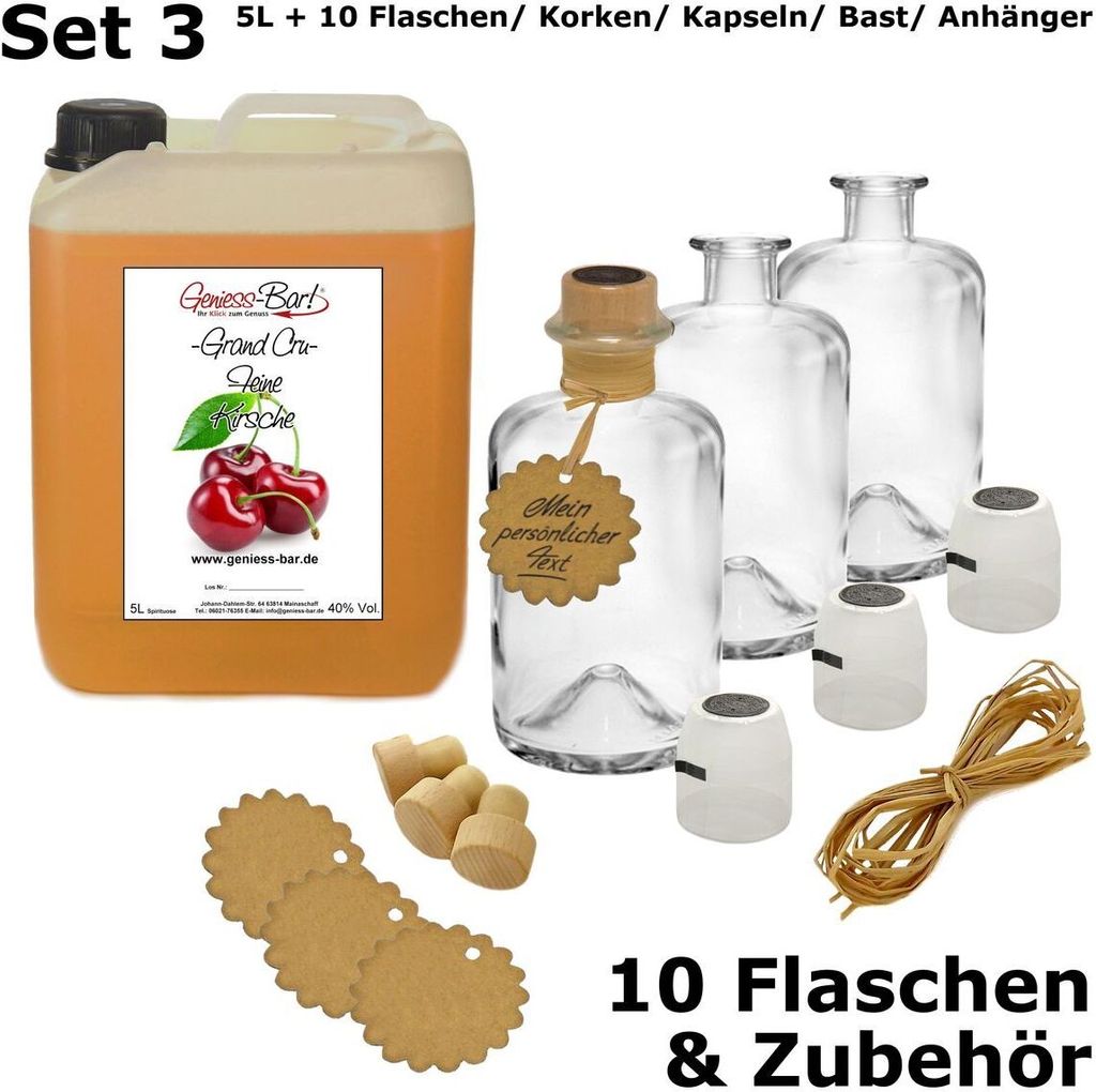 Grand Cru Feine Kirsche 5 L + 10 Flaschen, Korken, Kapseln, Bast & Anhänger 40% Vol. Obstler Spirituose Schnaps Kirschschnaps Kirschenspirituose