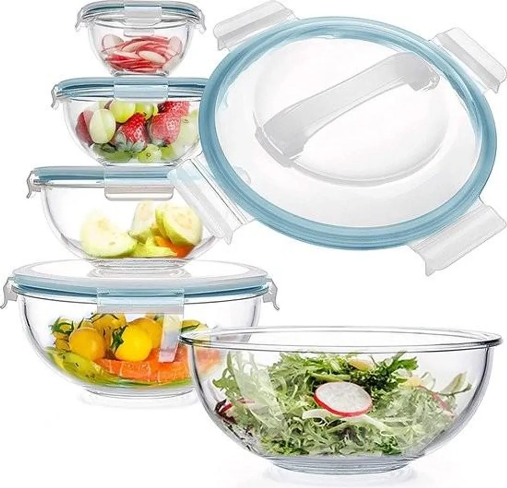 Set 5 Ciotole in Vetro con Coperchio Ermetico: Salvaspazio e BPA Free