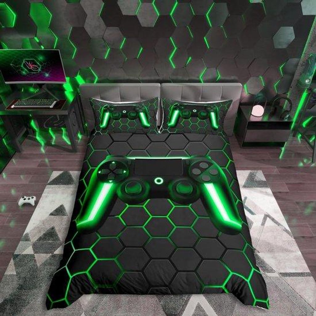 Unyqoos Neon Geometric Gamer Bettbezug für Kinder und Jugendliche, Bienenstock-Design, zweiteiliges Set