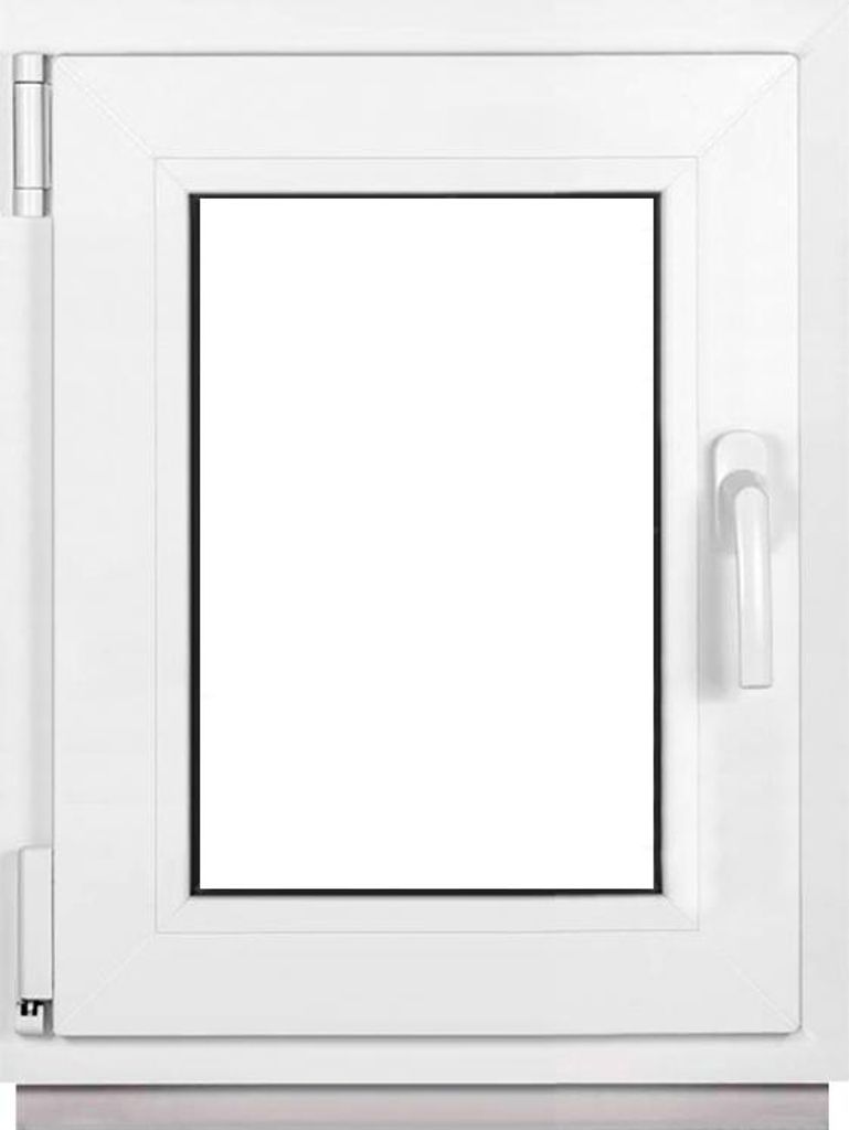 A white window frame with a clear glass pane, set against a white background.
