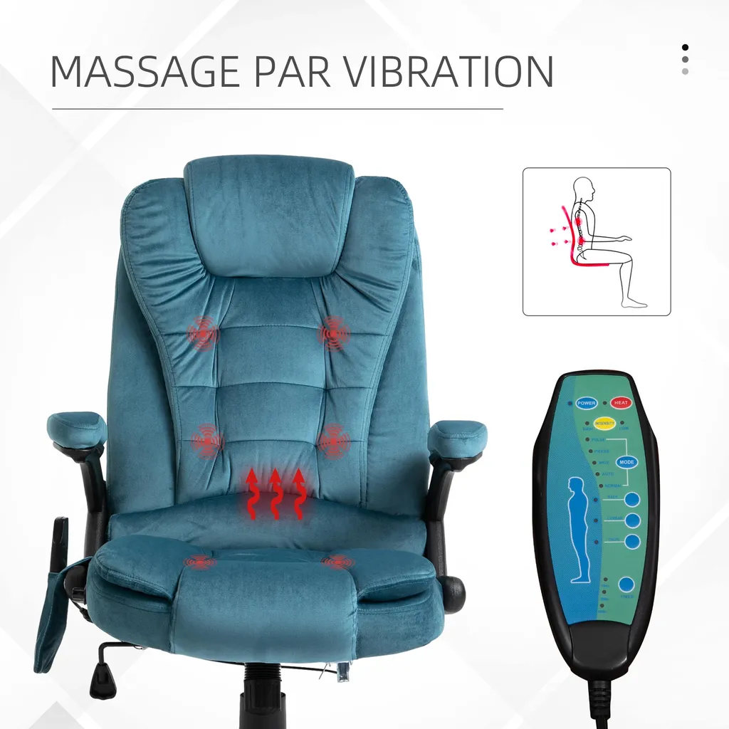 Fauteuil de bureau massant et chauffant en tissu bleu avec télécommande - 9