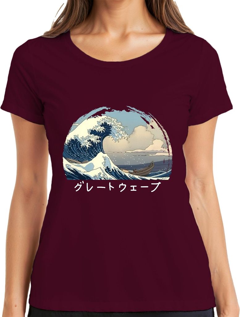 グレートウェーブ Hokusai Welle Japanische Ukiyoe Meer Boot Anime Manga Damen T-Shirt, Burgundy, L