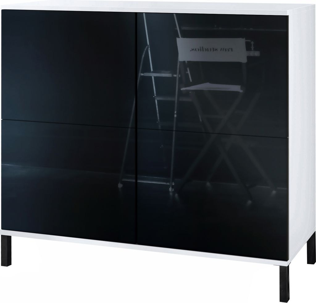 Vladon Kommode Rova V3, Moderner Küchenschrank mit 4 Push-to-Open Türen Weiß matt / Schwarz Hochglanz (92,5 x 83.5 x 35)