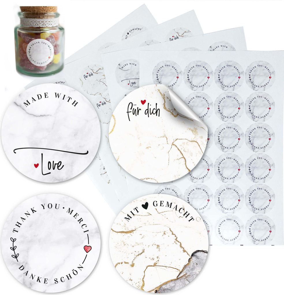 Edle Etiketten selbstklebend zum beschriften - 96 Klebeetiketten "Marmor" Sticker | Danke Aufkleber rund 4 cm | Selbstklebende Geschenksticker Besc...