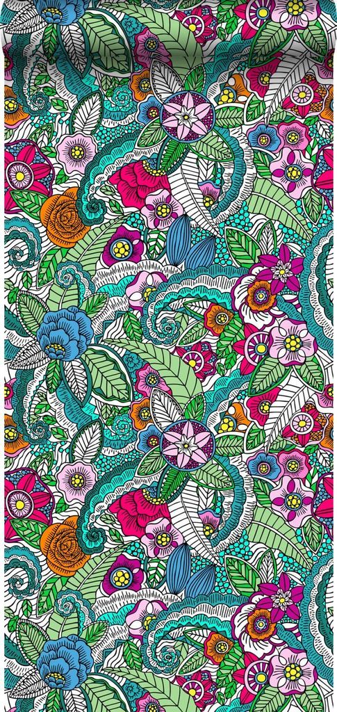 ESTAhome XXL-Vliestapete Blumenmandalas Rosa, Grün, Orange, Lila und Blau 50 x 900 cm