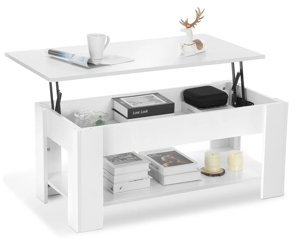 Wohnzimmertisch - Couchtisch - Höhenverstellbar 42–56 cm - Ausziehbar 2‐in‐1 Esstisch - Stauraum & LED‐Beleuchtung - 98x50 cm - Weiß