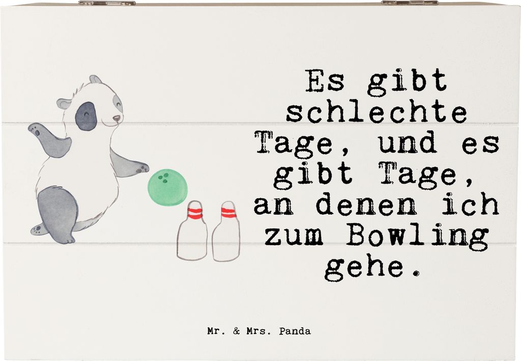 Mr. & Mrs. Panda Kiste Panda Bowling 22 x 15 cm - Weiß - Geschenk, Holzbox mit Deckel, fotobox, Kegelbahn, Kegelausflug, Bowlingbahn, Bowlen gehen...
