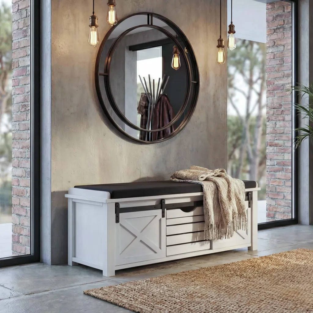 Banc avec compartiments de rangement HWC-H53 Shabby blanc 102cm