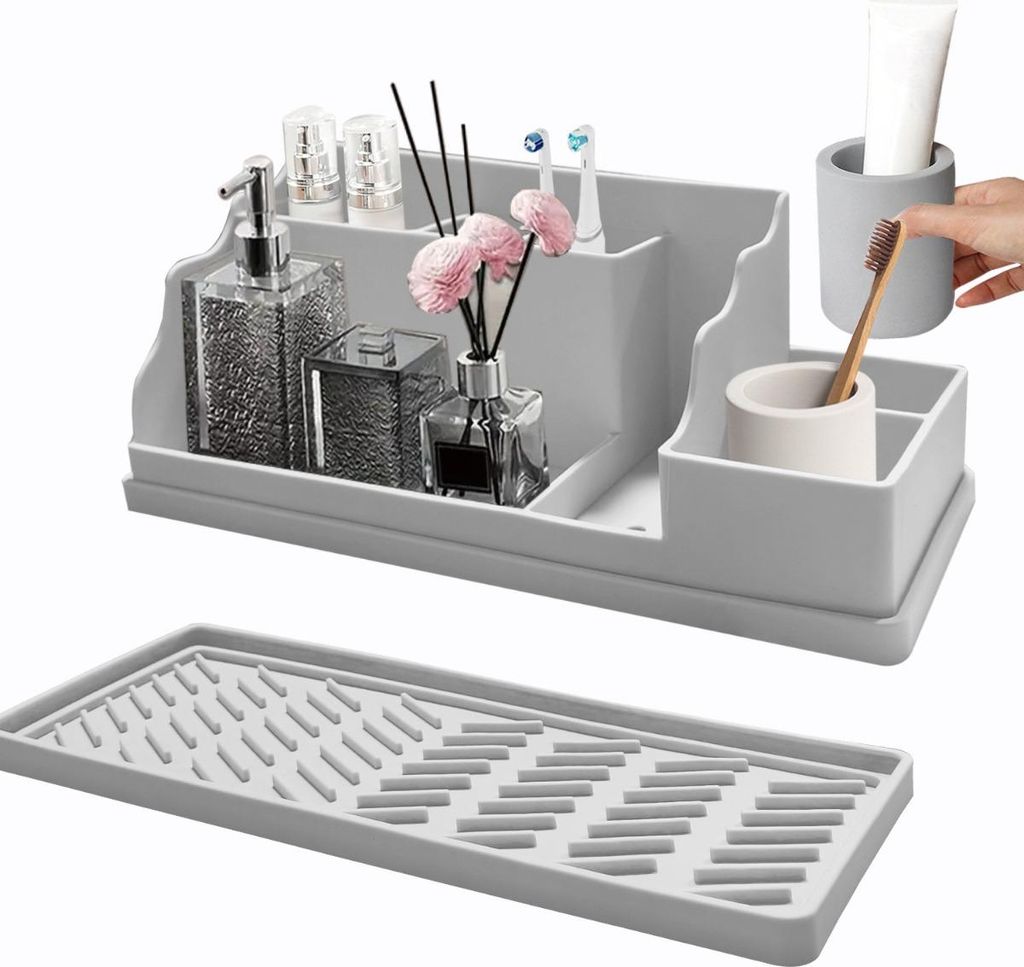INF 2-in-1 Silikon Badezimmer Zahnbürstenhalter Organizer mit Abtropfschale Grau