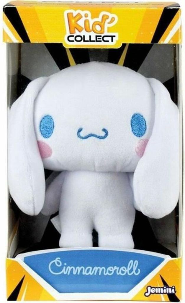 A Cinnamoroll plush toy is displayed in its retail packaging, which features a yellow and black striped design at the top and a blue banner at the bottom with the product name.