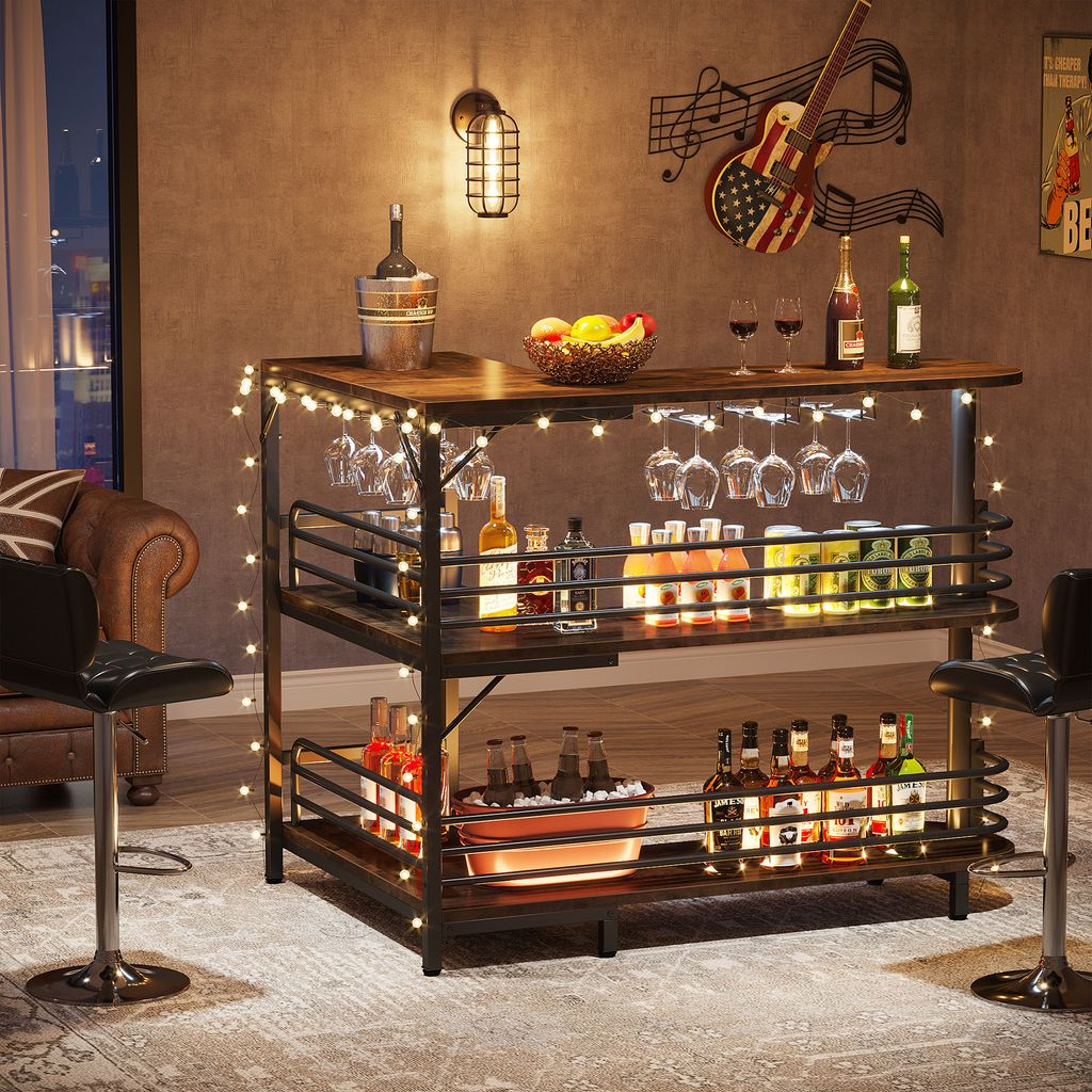 A bar cart set up in a living room or dining area, with drinks and glassware displayed.