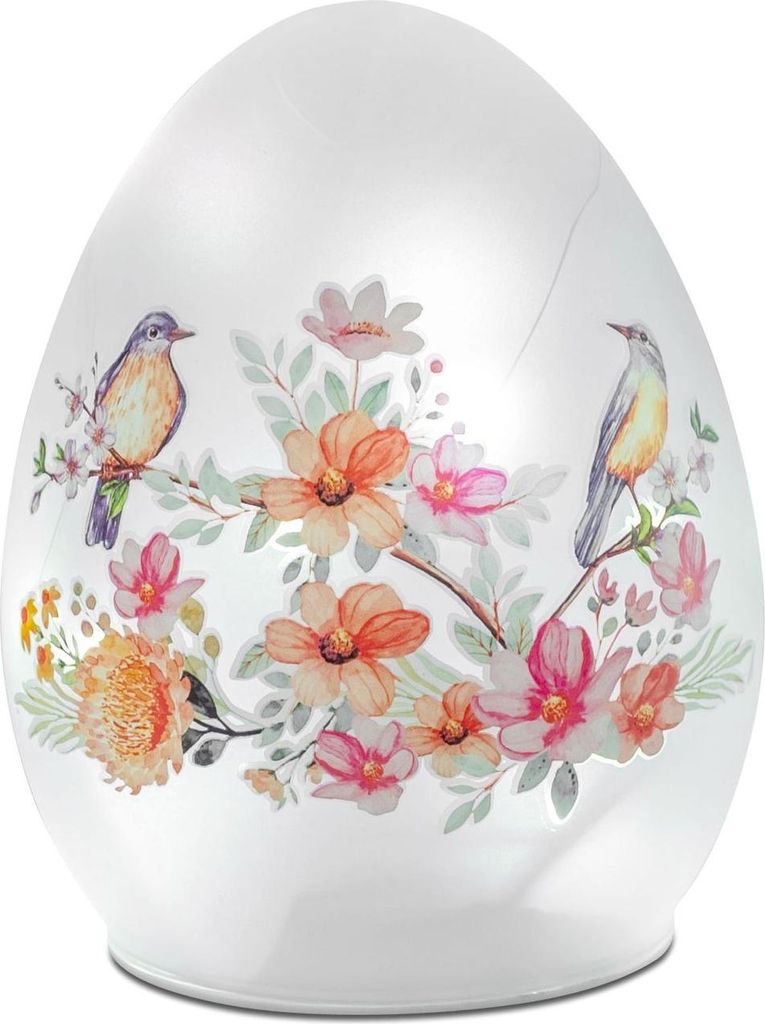 formano LED Deko Ei Glas 15 cm Satiniertes Glas mit buntem Vogel- & Blumenmotiv