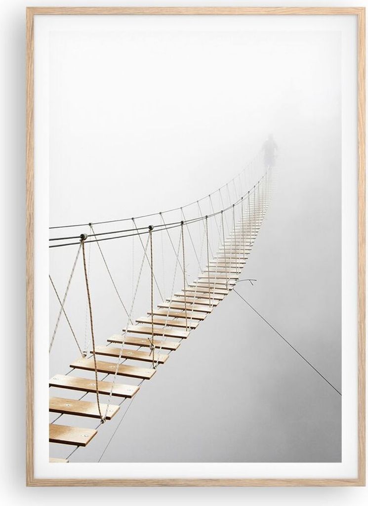 Gerahmtes Poster - Rahmen in heller Eiche - Brücke ausgesetzt Nebel - 70x100 cm - Wand Bild - Wanddeko - Wandbilder - Kunstposter - Wandposter - B...