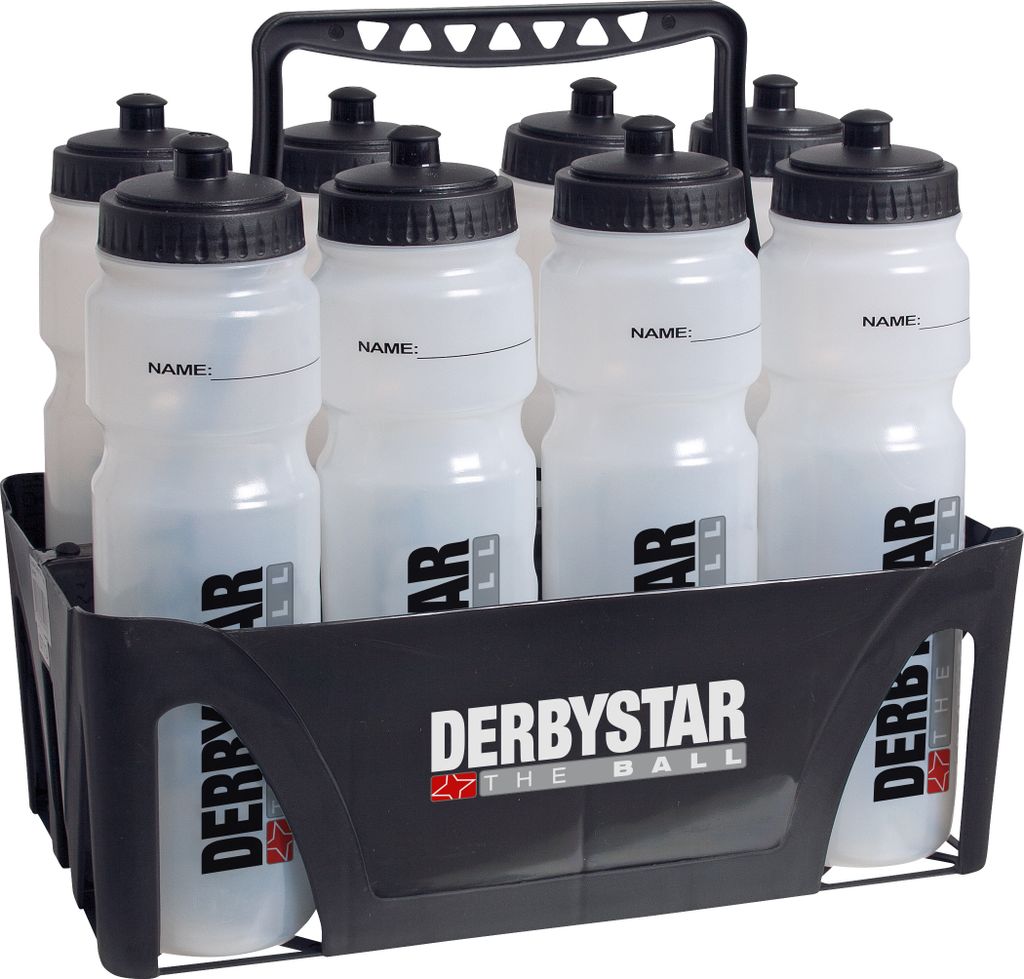 A black plastic carrier holding eight white water bottles with black caps.