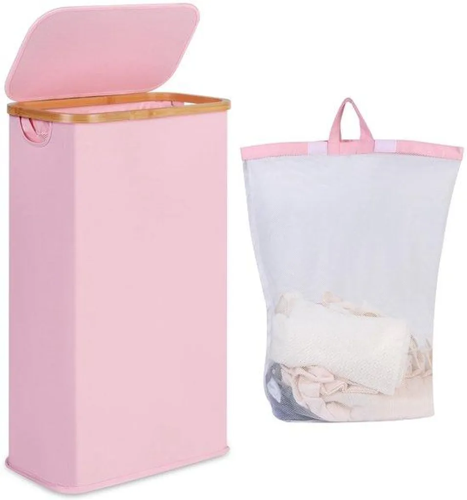 Panier linge bambou 75L rose : fini le désordre avec son sac amovible