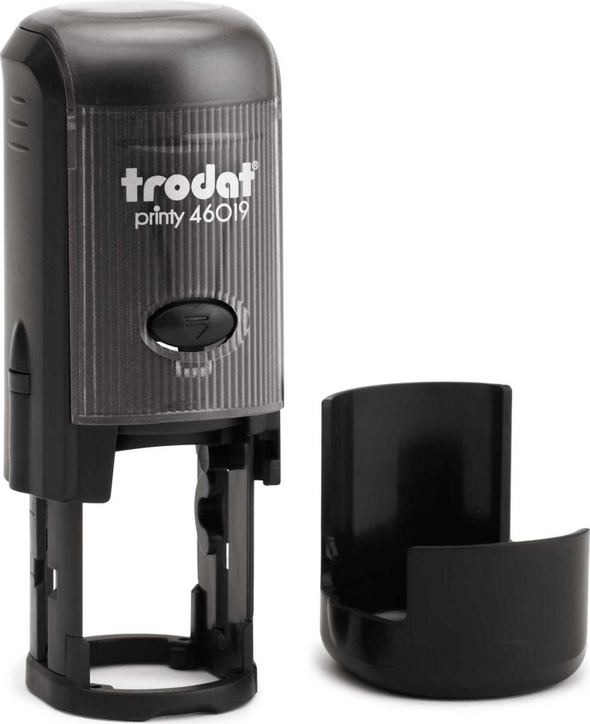 Trodat runder PRINTY 46019, rund max. 19 mm, Gehäuse schwarz, individuelle Stempelplatte mit Ihrem Wunschtext, Stempelkissen schwarz