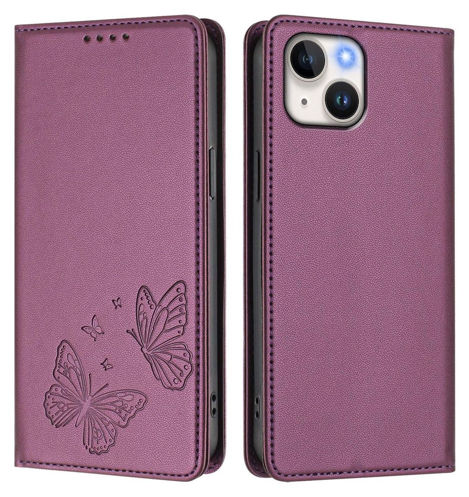 Lederhülle für iPhone 15, Schmetterling Prägung Leder Brieftasche Schutzhülle mit Ständer Lila