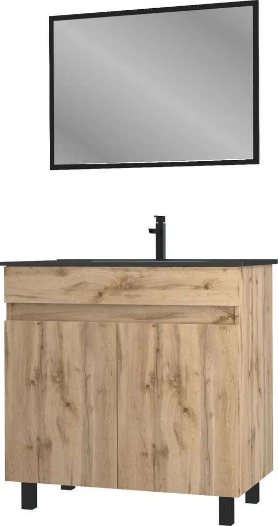 Meuble de bain chêne naturel 80x80cm avec vasque noire design - TIMBER 80