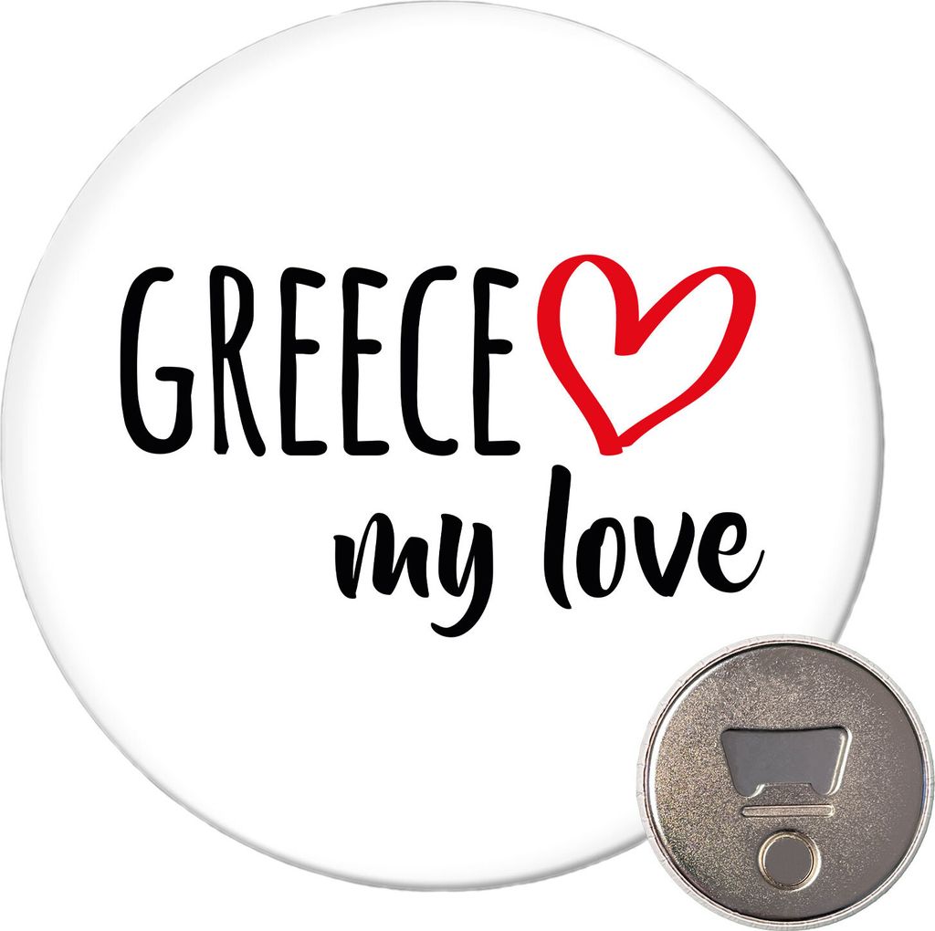 Huuraa Magnet Greece my love 59mm Kühlschrankmagnet rund Flaschenöffner Geschenkidee