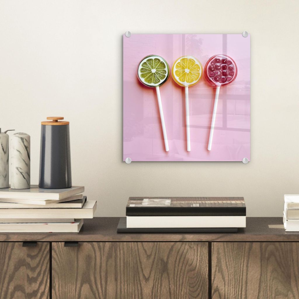 MuchoWow Glasbilder - Bilder auf Wandbild - Foto auf Glas Lollipop - Bonbon - Zitrusfrucht 40x40 cm Wanddekoration aus Glas - Acrylglasbild - Acryl...
