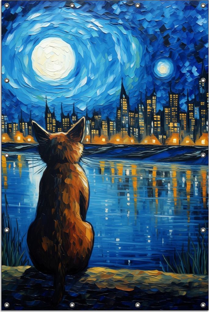 Wallario Outdoor-Poster für Garten oder Balkon, Motiv Katze im Mondschein, in ca. 120 x 180 cm