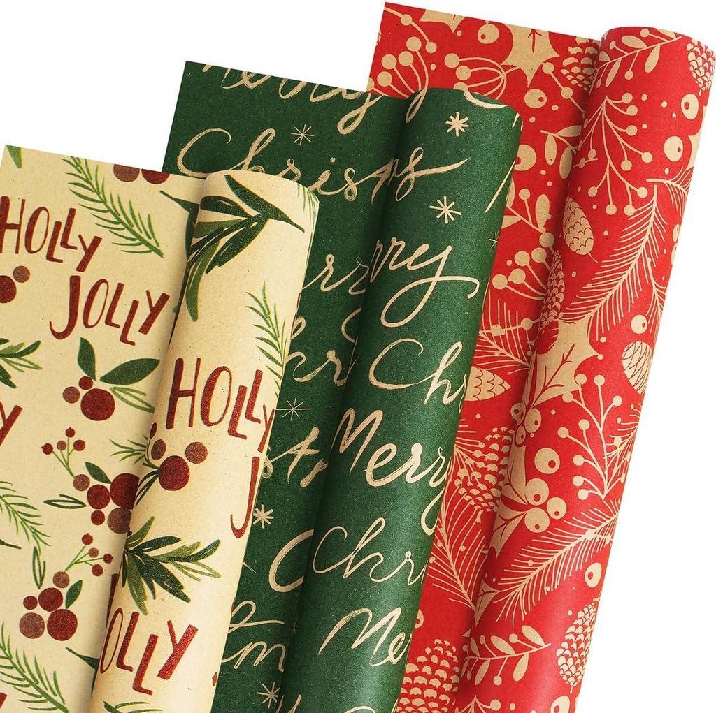 Geschenkpapier Weihnachten Rolle, 3 Rollen Braun Grš¹n und Rot Kraftpapier Geschenkpapier, Geschenkpapierrolle fš¹r Weihnachten Neujahr Winteru...