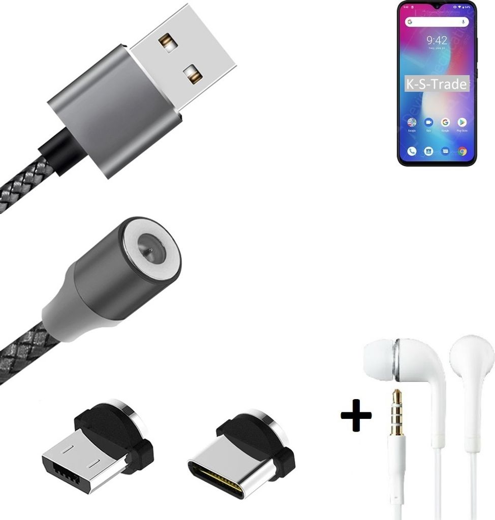 K-S-Trade Hochwertiges Magnet-Lade-kabel Sync-Kabel Daten-Kabel + Kopfhörer kompatibel mit UMIDIGI Power mit USB-Typ-C-Anschluss und