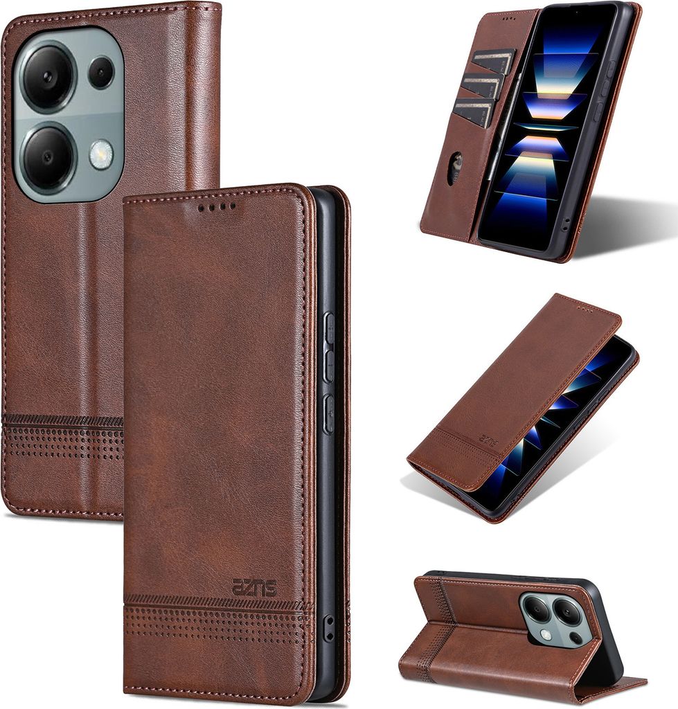 A collage of images showing a brown leather phone case from different angles, including its cardholder feature and stand functionality.