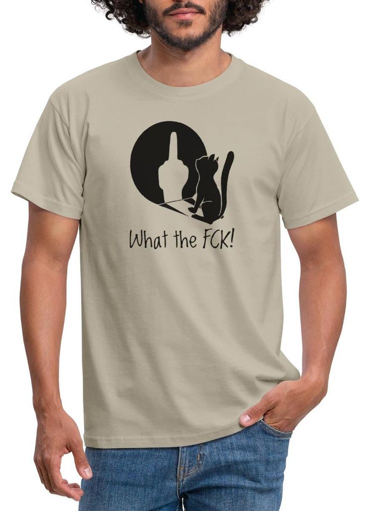 Spreadshirt What The Fck | Katze Mit Schatten Männer T-Shirt, M, Sandbeige