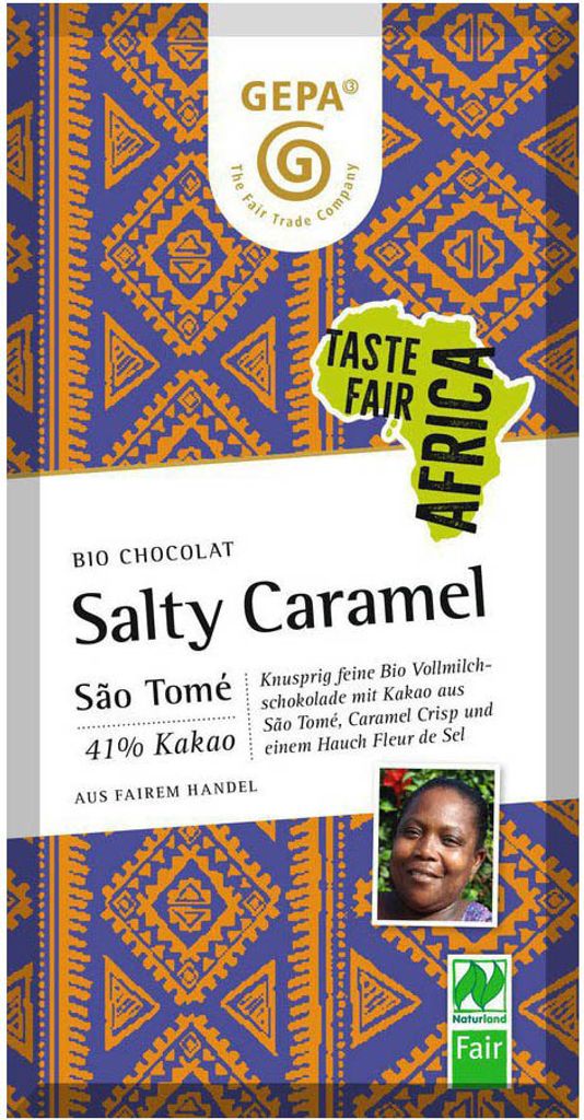A chocolate bar wrapper with a patterned background and product details.