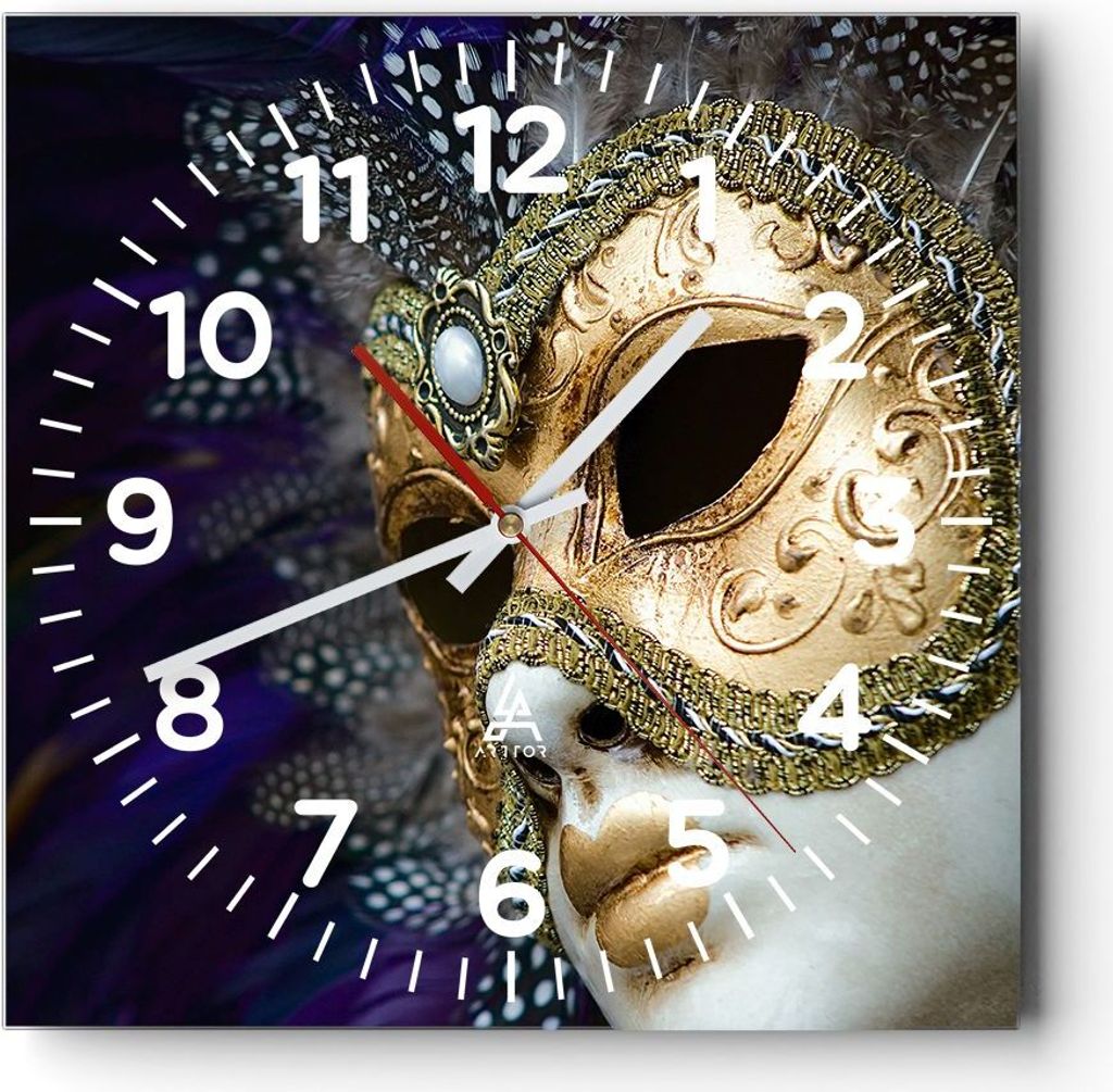 Wanduhr - Quadrat - Glasuhr - Maske Gesicht Mysterium - 40x40cm - Schleichendes Uhrwerk - Lautlos - zum Aufhängen bereit - Dekoration Modern - Wan...
