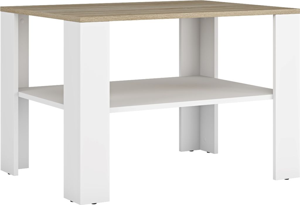 A modern coffee table with a wood-effect top and white legs and shelf.
