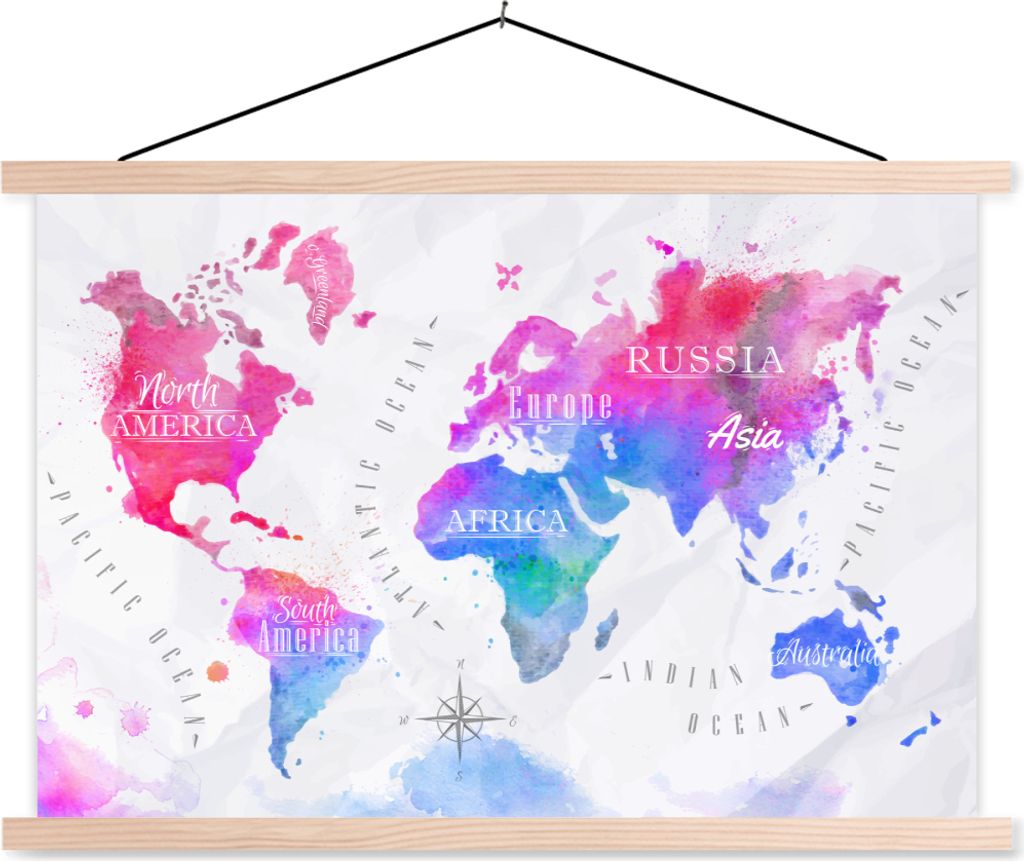 MuchoWow Textilposter Farben - Weltkarte - Ölfarben 120x80 cm mit holzfarbenen Rahmen - Aufhängeset