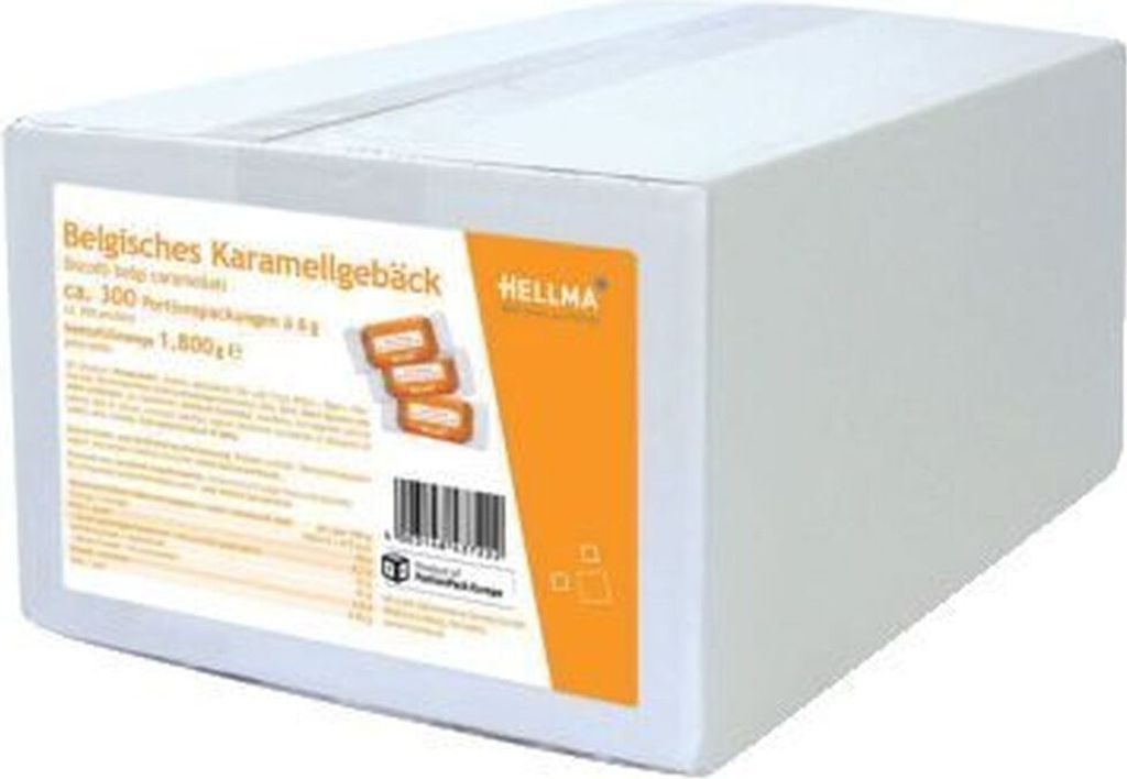 A white cardboard box containing individually wrapped caramel biscuits.