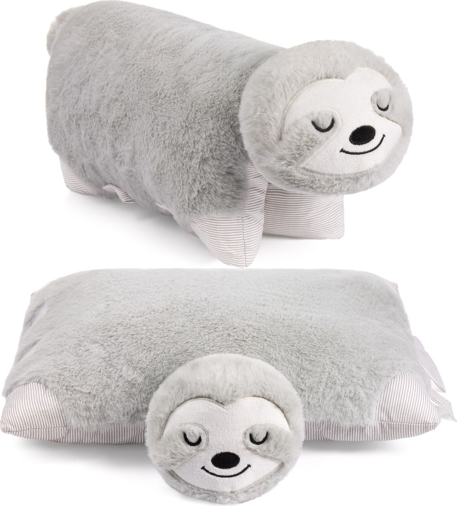A two-part image showing a plush sloth pillow in different configurations.