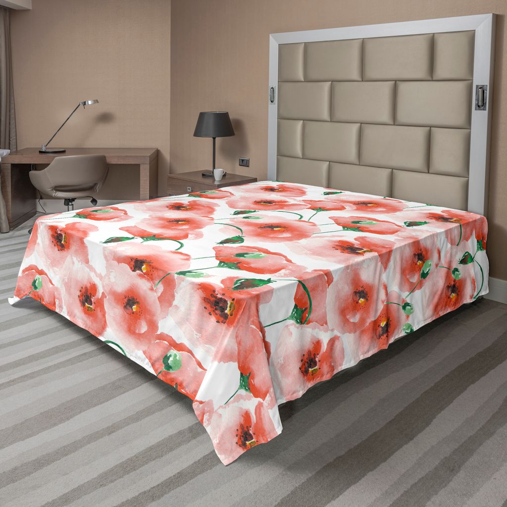 ABAKUHAUS Blume Bettlaken, Mohnblume Muster Zweig Blumenstrauß Verzierung Weiche Farbklassiker Grafik, weiches bequemes oberes Bettlaken für ein ...