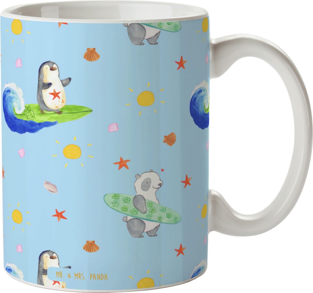 Mr. & Mrs. Panda Kaffeebecher Pinguin Surfer - Blau - Geschenk, Hawaii, Urlaub, Optimistisch, Kaffeetasse, Pinguine, Tasse, Motiviert, Becher, stat...