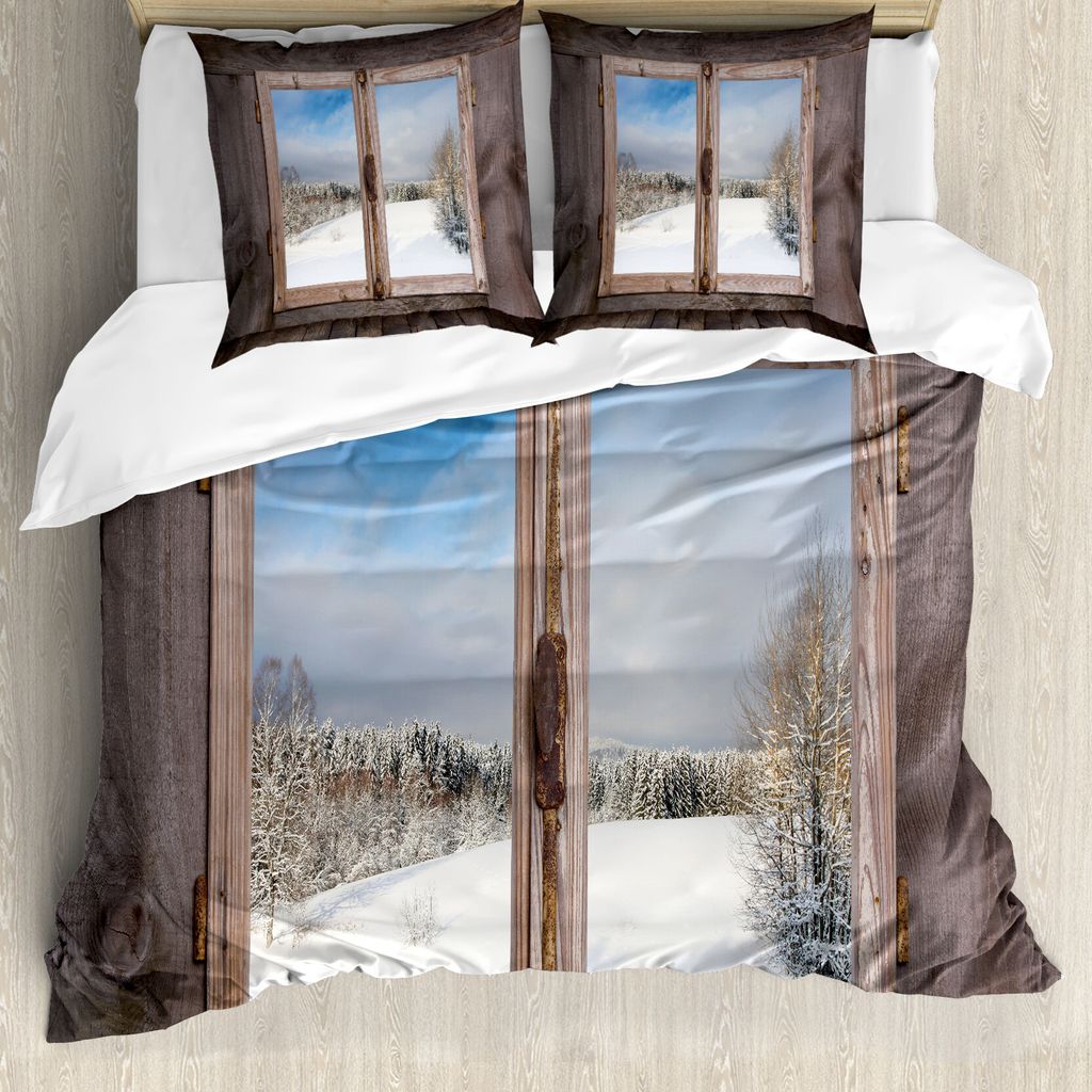 ABAKUHAUS Rustikal Bettbezug, Wintersaison Szene, Milbensicher Allergiker geeignet mit Kissenbezügen, 155 cm x 220 cm - 80 x 80 cm, Umber Weiß Blau